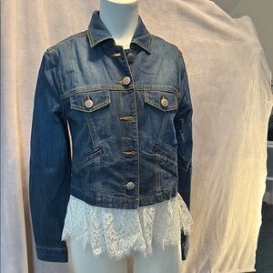 Blue and White Cabi Jean Jacket with Lace Hem